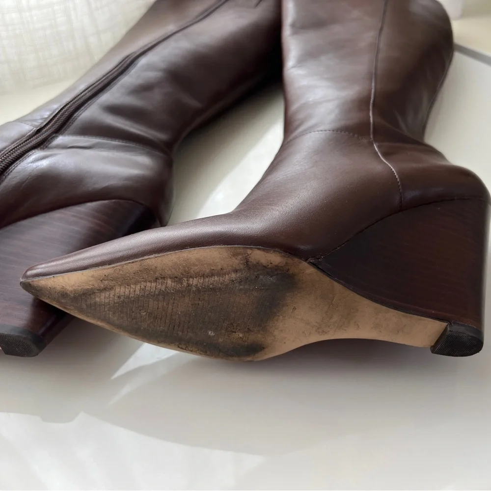 Nine West Sz 7 Varin Wide Calf Brown Leather Wood Wedge Knee High Boots - Picture 7 of 15
